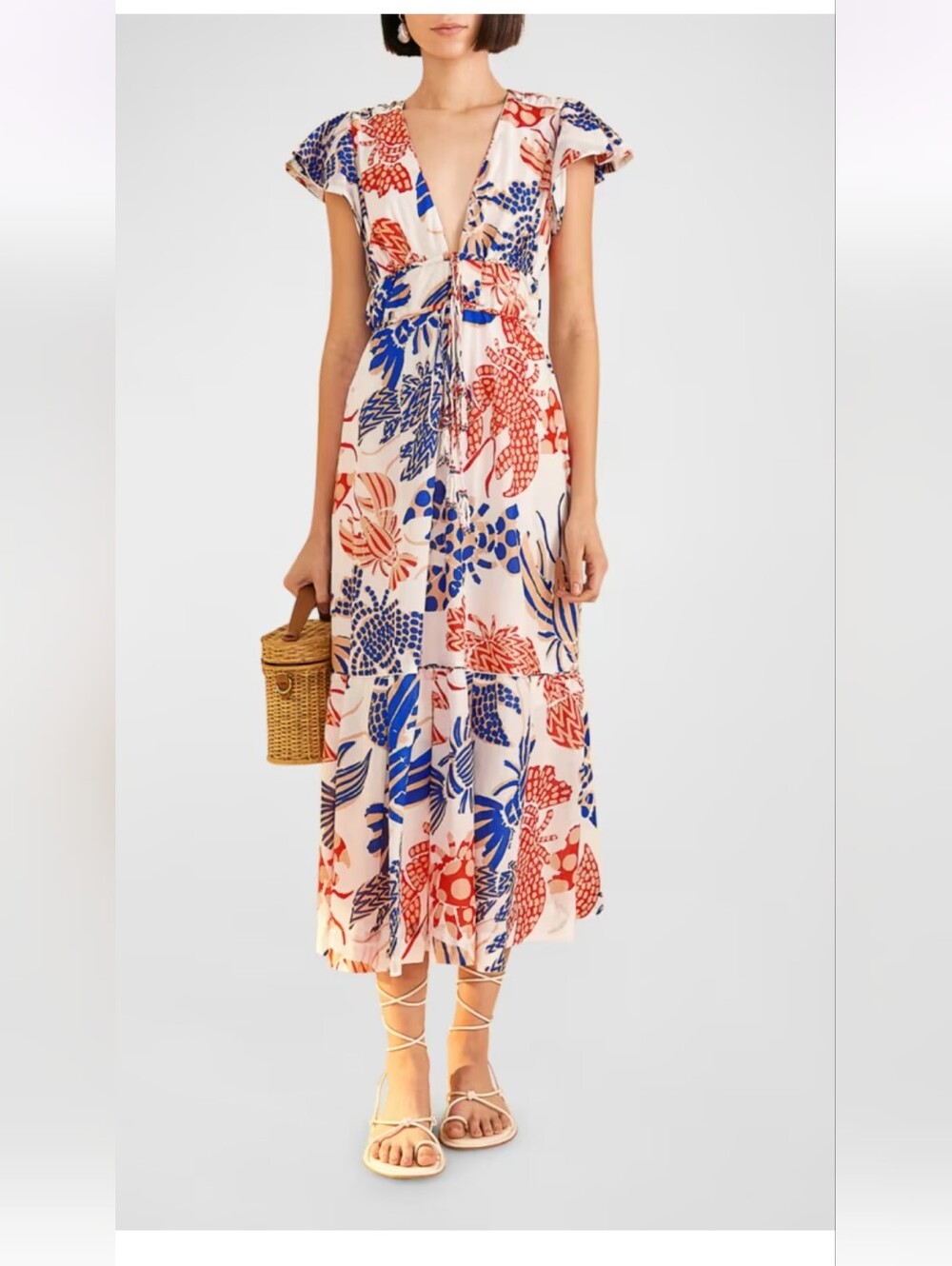 FARM Rio Mixed Lobsters Print Tiered Cotton Midi Dress White Blue Red